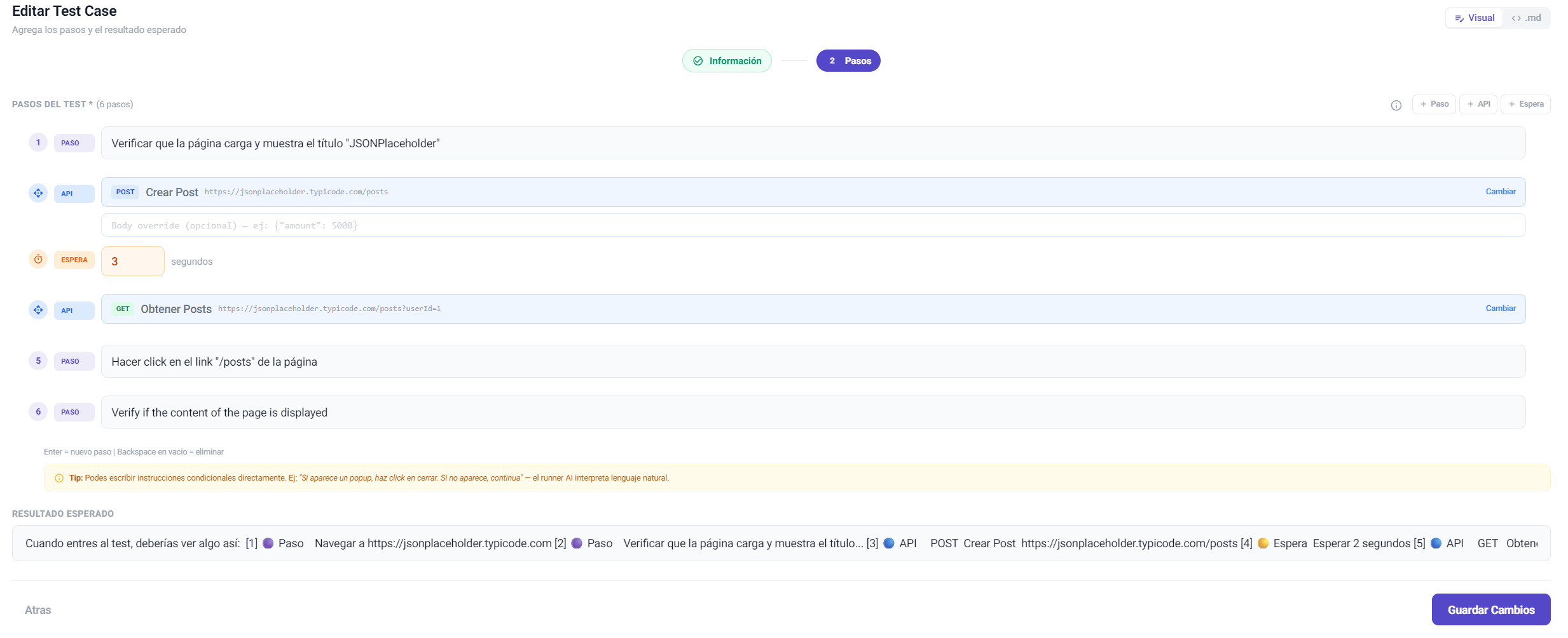 Test editor with natural language steps